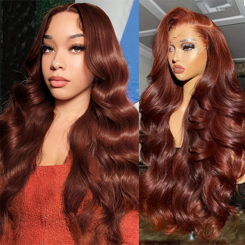 Hairsmarket Reddish Brown Body Wave Human Hair Wigs HD Transparent 13x6 Lace Front Glueless Wigs