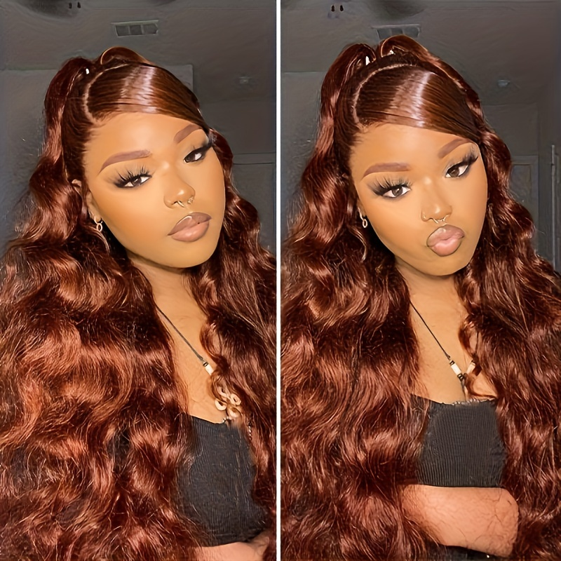 Hairsmarket Reddish Brown Body Wave Human Hair Wigs HD Transparent 13x6 Lace Front Glueless Wigs