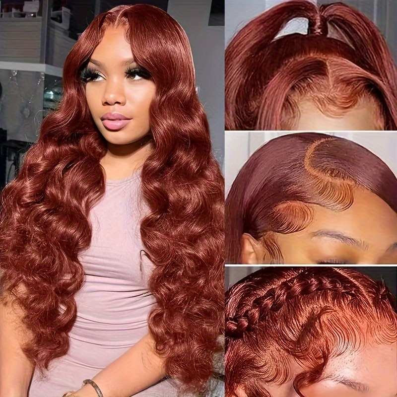 Hairsmarket Reddish Brown Body Wave Human Hair Wigs HD Transparent 13x6 Lace Front Glueless Wigs