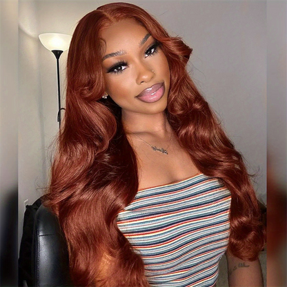 Hairsmarket Reddish Brown Body Wave Human Hair Wigs HD Transparent 13x6 Lace Front Glueless Wigs