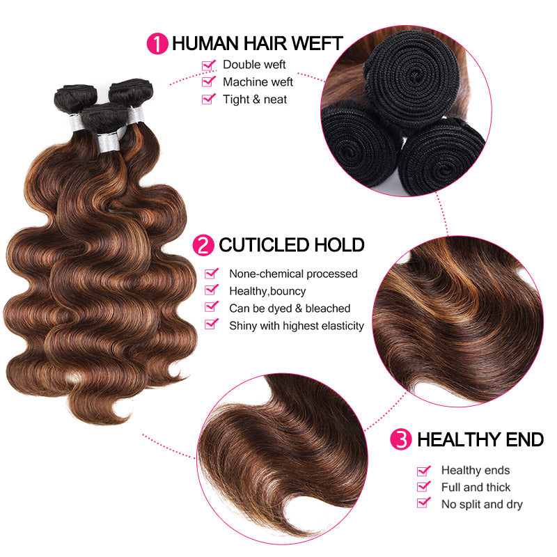 Brown Balayage Highlight Body Wave Human Hair 3 Bundles Brazilian Hair Extensions