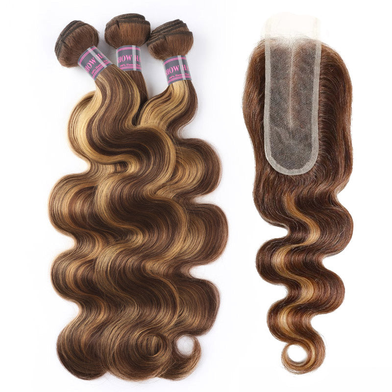 Hairsmarket Highlight Body Wave 100% Human Hair 3 Bundles With 2*6 Lace Closure 