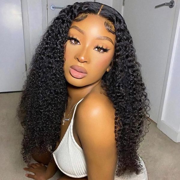 Wear &amp; Go Kinky Curly Glueless Wigs 5x5 HD Lace Closure Wigs Pre Bleached Knots Human Hair Wig