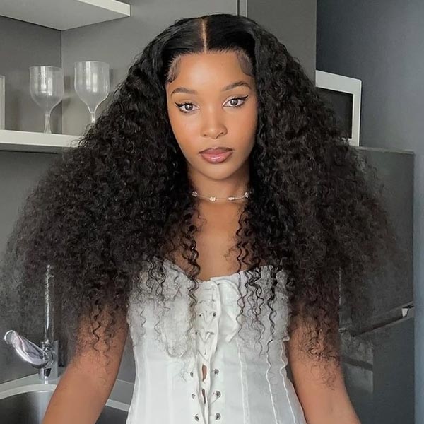 Wear &amp; Go Kinky Curly Glueless Wigs 5x5 HD Lace Closure Wigs Pre Bleached Knots Human Hair Wig