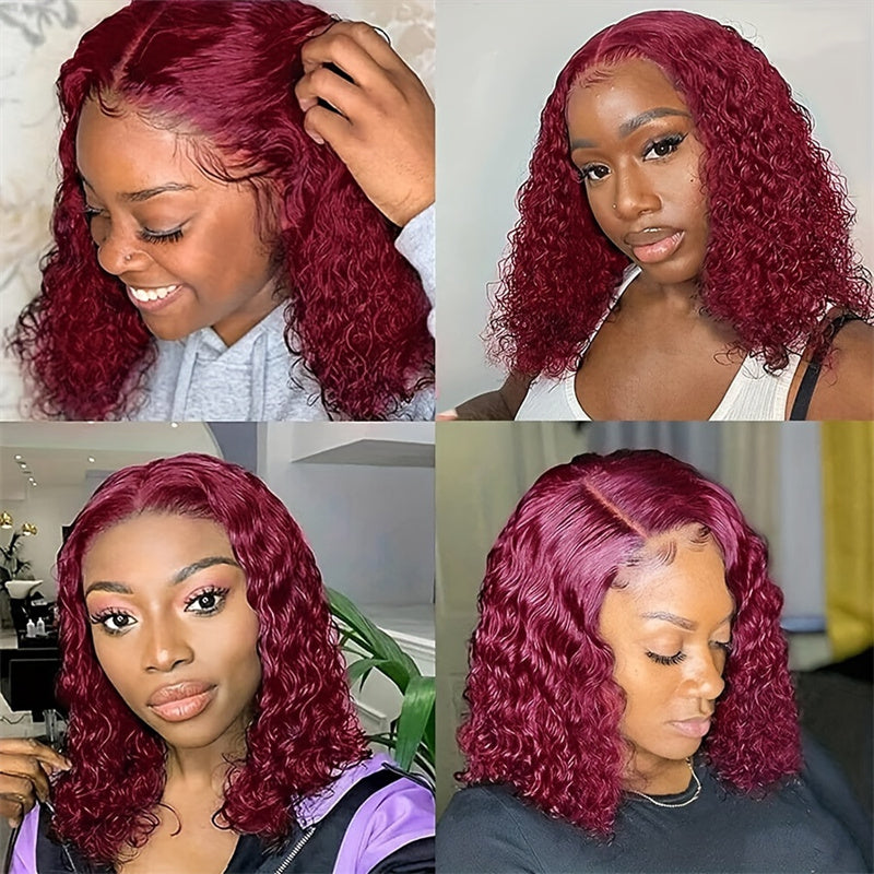 99J Deep Wave Lace Front Wigs Human Hair Short Bob Wigs Burgundy Colored Wig