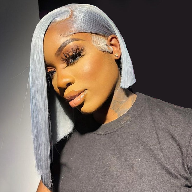 Grey Silver Bob Wigs Straight Human Hair Wig 13x4 HD Lace Frontal Bob Wigs