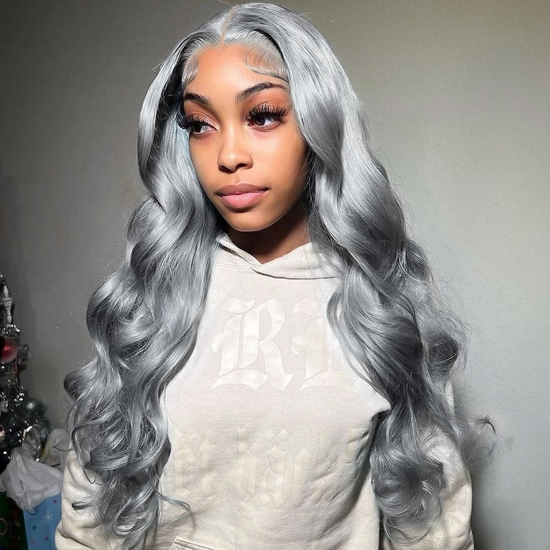 Silver Grey Body Wave Lace Front Wig Transparent HD Human Hair Colored Wigs