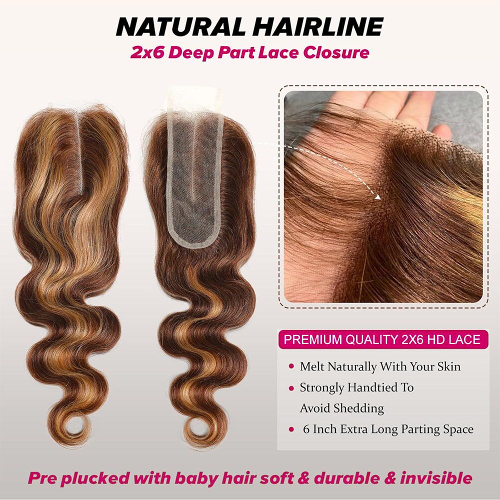 Hairsmarket Highlight Body Wave 100% Human Hair 3 Bundles With 2*6 Lace Closure 