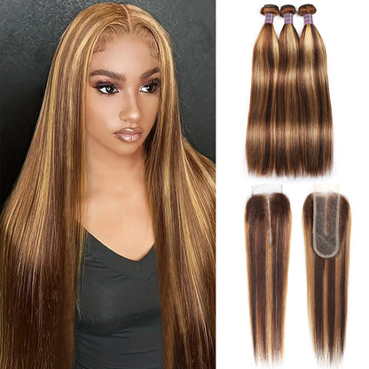 Hairsmarket Highlight Honey Blonde Straight Human Hair 3 Bundles With 2*6 Lace Closure