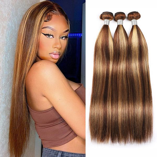 Honey Blonde Highlight Bundles Brazilian Straight Human Hair Weave Piano Hair 3 Bundles