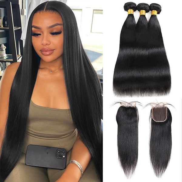 Overnight Shipping 100% Human Hair 3 Bundles With 4x4 Lace Closure Body Wave Straight Hair