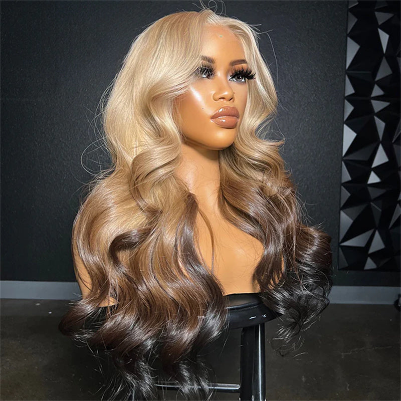 613 Blonde And Brown Ombre Lace Front Wigs Body Wave Human Hair Wigs Straight Hair Colored Wig