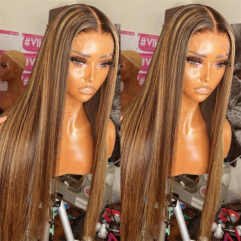 Straight Hair Wear &amp; Go Glueless Wigs P4/27 Highlights 13x6 Lace Front Wigs Bleached Knots Human Hair Wig