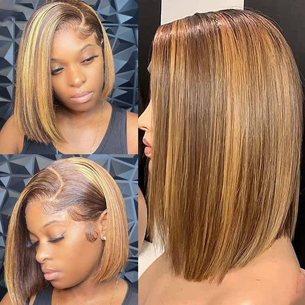 Glueless Wigs Highlight Brown Short Bob Wigs P4/27 Color Straight Bob Wigs No Glue