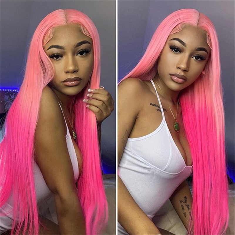 Ombre Rose Pink Straight Human Hair Lace Front Wigs HD Transparent Pre Plucked Glueless Wigs