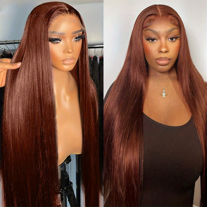 Hairsmarket Reddish Brown Glueless Wigs Straight Hair 13x6 Lace Front Wigs HD Transparent Colored Wigs