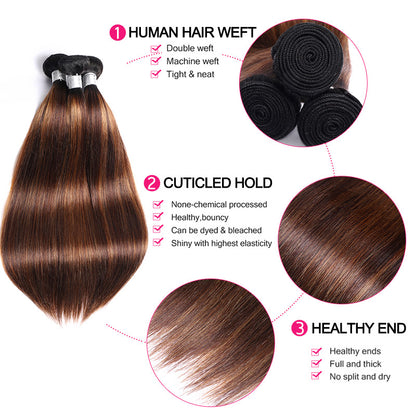 Straight Human Hair Brown Balayage Highlight Color Hair 3 Bundles