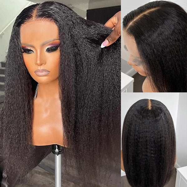 Glueless Wigs Kinky Straight 4x4 HD Lace Closure Wig Pre Cut Lace With Elastic Band