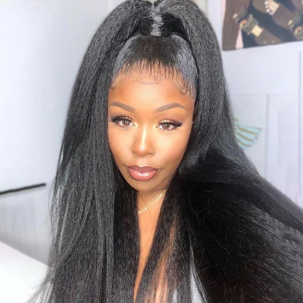 Pre Bleached Knots Kinky Straight Wear &amp; Go Wigs HD 5x5 Lace Closure Wigs Yaki Human Hair