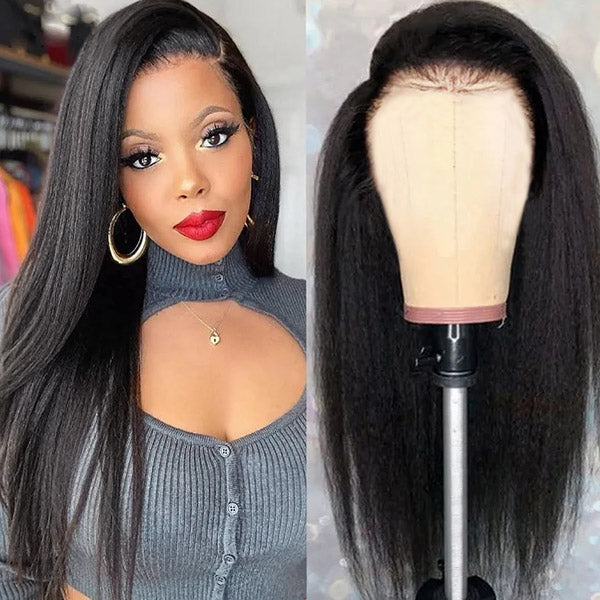 Kinky Straight Glueless Wigs 13x4 Lace Front Wig Pre Cut Lace With Elastic Band