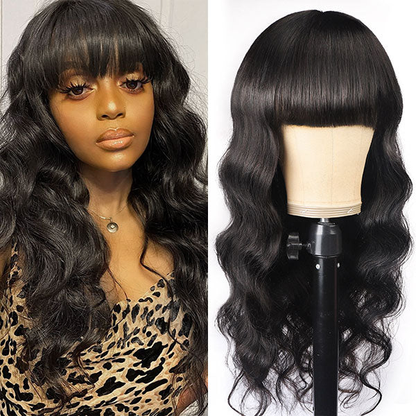 Body Wave Virgin Hair Wig With Free Part Bangs Machine Made Human Hair Wigs