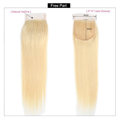 613 Blonde Straight Human Hair Weave 3 Bundles With Lace Closure