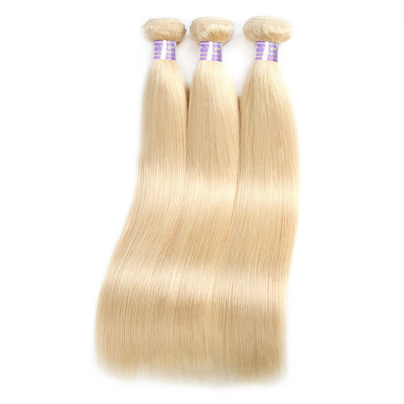 613 Blonde Straight Human Hair Weave 3 Bundles With Lace Closure