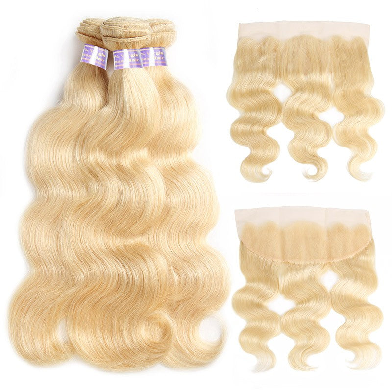 Virgin Body Wave 613 Blonde Human Hair 3 Bundles With Lace Frontal