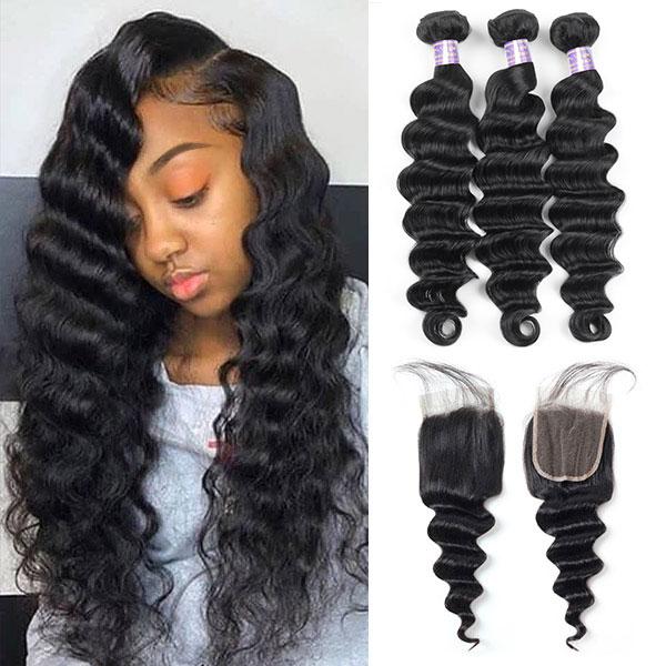 8A Peruvian Virgin Hair Loose Deep Wave Human Hair 3 Bundles With 4*4 Lace Closure