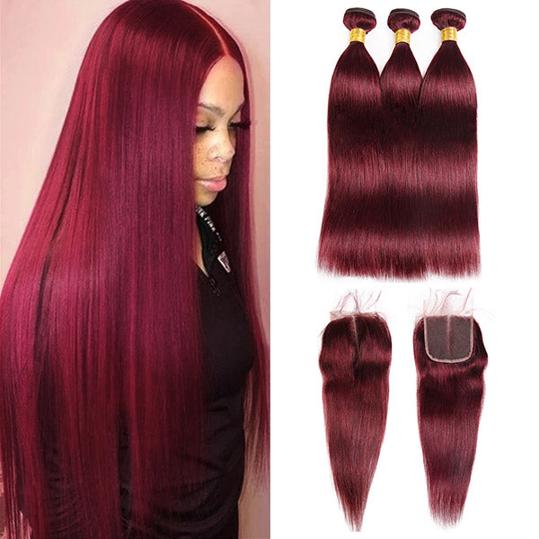 3 Bundles 99J Virgin Straight Human Hair With 4x4 Lace Closure