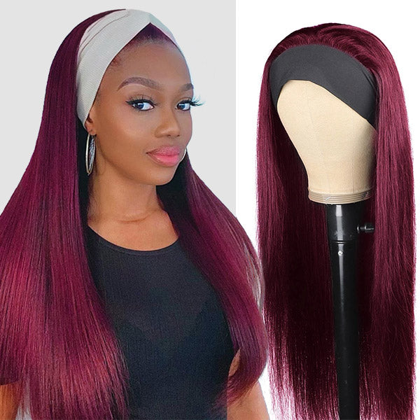 Long Straight Headband Wig 99J Human Hair Wigs with Headband 150% Density