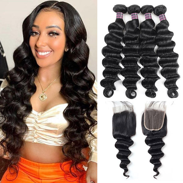 Ishow Malaysian Virgin Human Hair Loose Deep Wave Hair 4 Bundles With Closure