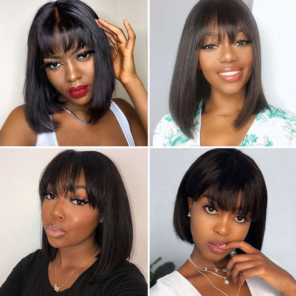 Straight Bob Virgin Hair Wigs Machine Made Human Hair Wigs with Bangs Bob Wig with Fringe