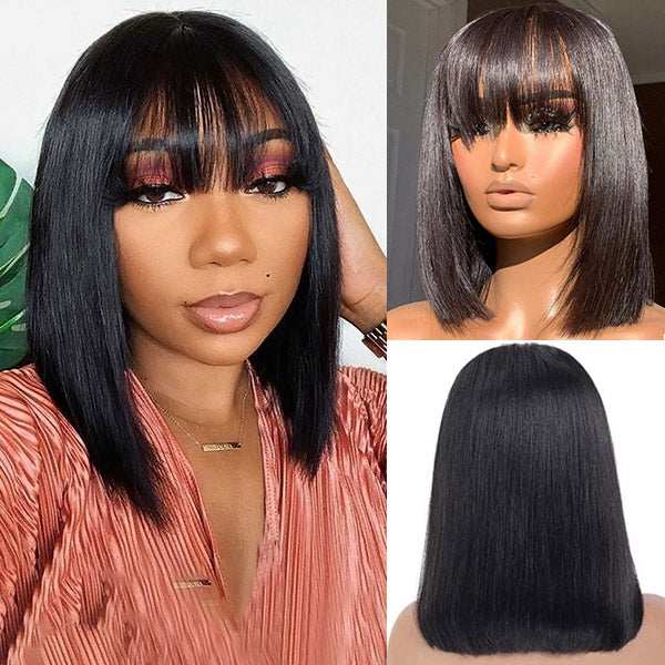 Straight Bob Virgin Hair Wigs Machine Made Human Hair Wigs with Bangs Bob Wig with Fringe