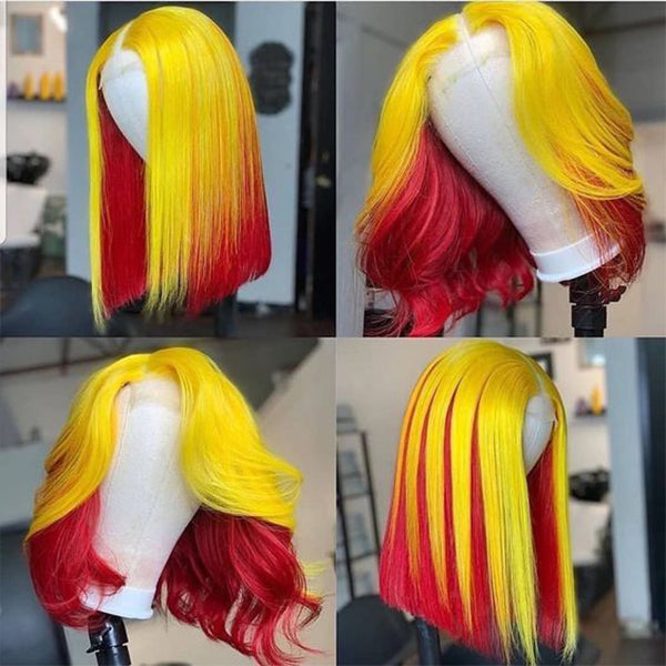 13x4x1 Bob Wigs Straight Human Hair Wigs Color Lace Front Wig Yellow Red Bob Lace Wigs