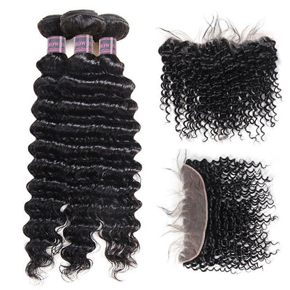 Ishow Brazilian Deep Wave 3 Bundles With 13*4 Ear To Ear Frontal Closure Human Hair