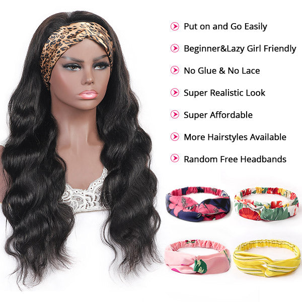 Body Wave Headband Human Hair Glueless Non Lace Front Wigs