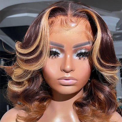 Highlight Body Wave Bob Wigs Honey Blonde Bob Wigs Short Wavy HD Lace Wig