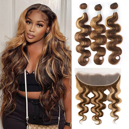 Highlight Body Wave Virgin Human Human 3 Bundles with 13*4 Lace Frontal Peruvian Hair