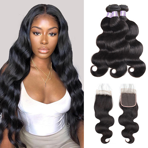 8A Brazilian Body Wave Hair Weave 3 Bundles With Lace Closure