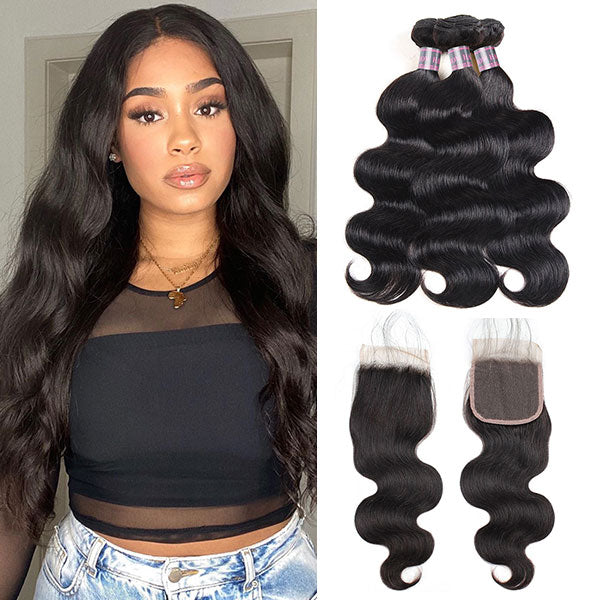 Peruvian Virgin Hair Body Wave 3 Bundles With 4*4 Lace Closure 100% Unprocessed Virgin Hair