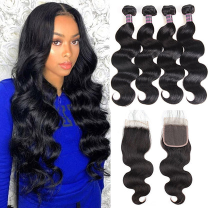 Ishow Brazilian Body Wave Virgin Human Hair 4 Bundles With 4x4 Lace Closure