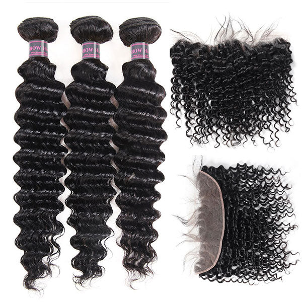 Ishow Malaysian Deep Wave 3 Bundles With 13*4 Lace Frontal Virgin Human Hair Extensions