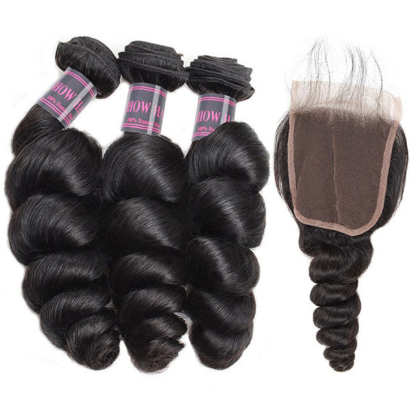 Malaysian Loose Wave Virgin Human Hair 3 Bundles With 4*4 Lace Closure