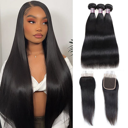 Brazilian Virgin Straight Hair 4 Bundles With 4x4 Lace Closure