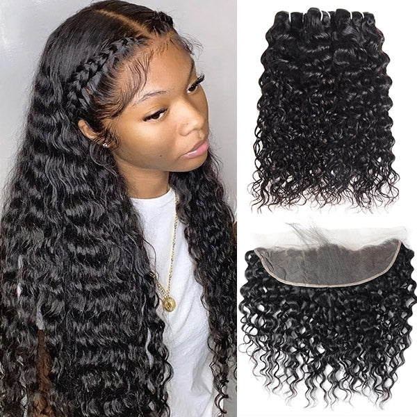 Malaysian Water Wave Hair 100% Human Hair 3 Bundles With 13*4 Lace Frontal Closure