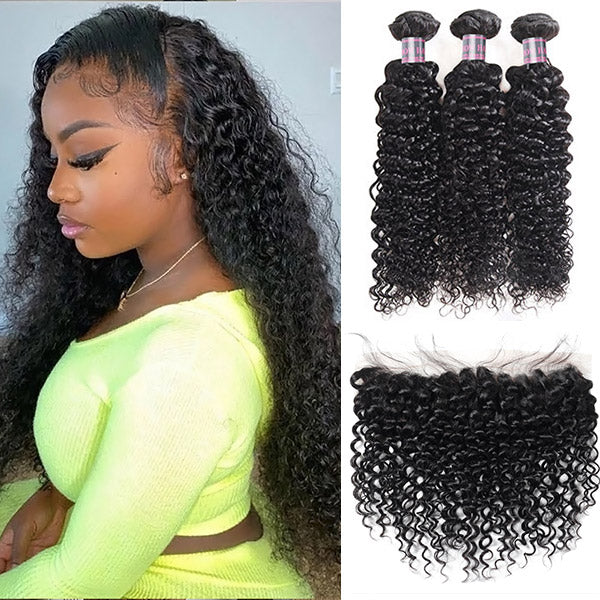 Malaysian Curly Wave 3 Bundles With 13*4 Lace Frontal Closure Human Hair