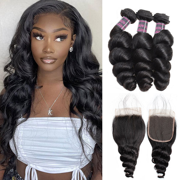 Peruvian Hair Loose Wave Virgin Human Hair 3 Bundles With 4*4 Lace Closure