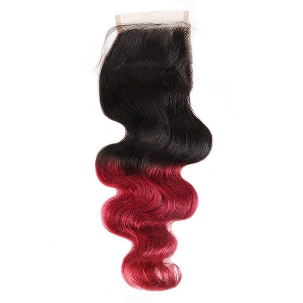 Ombre Body Wave Human Hair Bundles With Lace Closure T1B/Burgundy