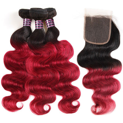 Ombre Body Wave Human Hair Bundles With Lace Closure T1B/Burgundy